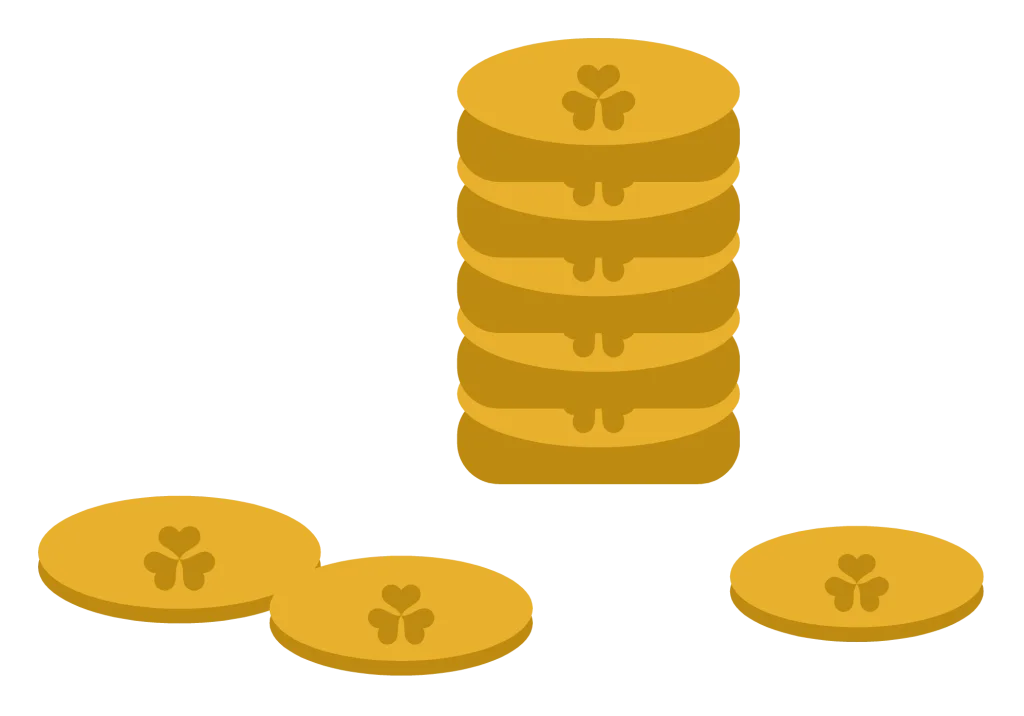 A spill of gold coins stamped with a shamrock, stacked and scattered.
