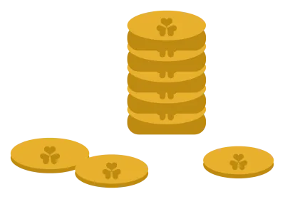 A spill of gold coins stamped with a shamrock, stacked and scattered.