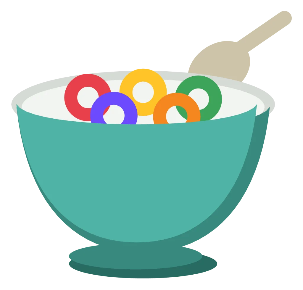 A bowl of coloured cereal loops in milk with a spoon resting in it.