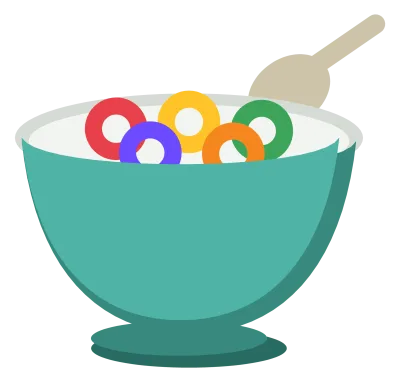 A bowl of coloured cereal loops in milk with a spoon resting in it.