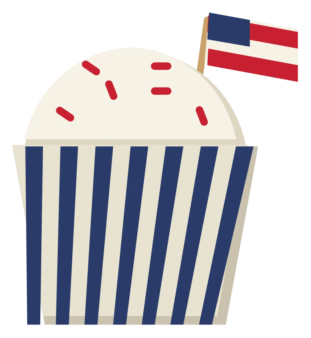 A cupcake in a striped case with white frosting, red sprinkles and a small flag on a stick.