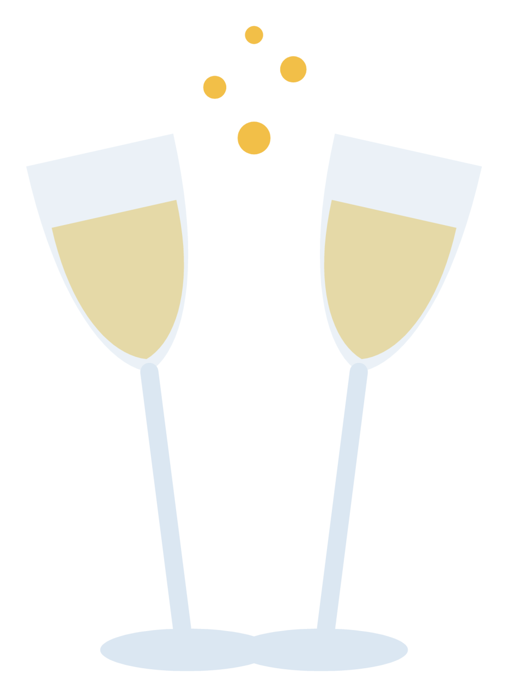 Two champagne flutes tilted together in a toast, with bubbles rising.