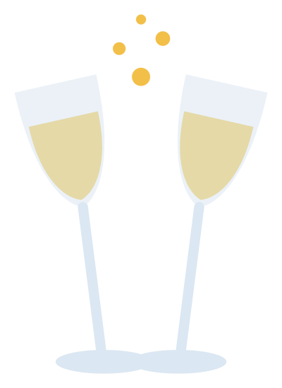 Two champagne flutes tilted together in a toast, with bubbles rising.
