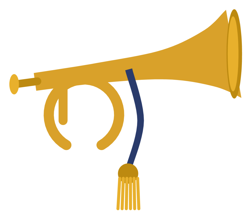 A brass bugle with a coiled tube, a flared bell and a knotted cord hanging from it.