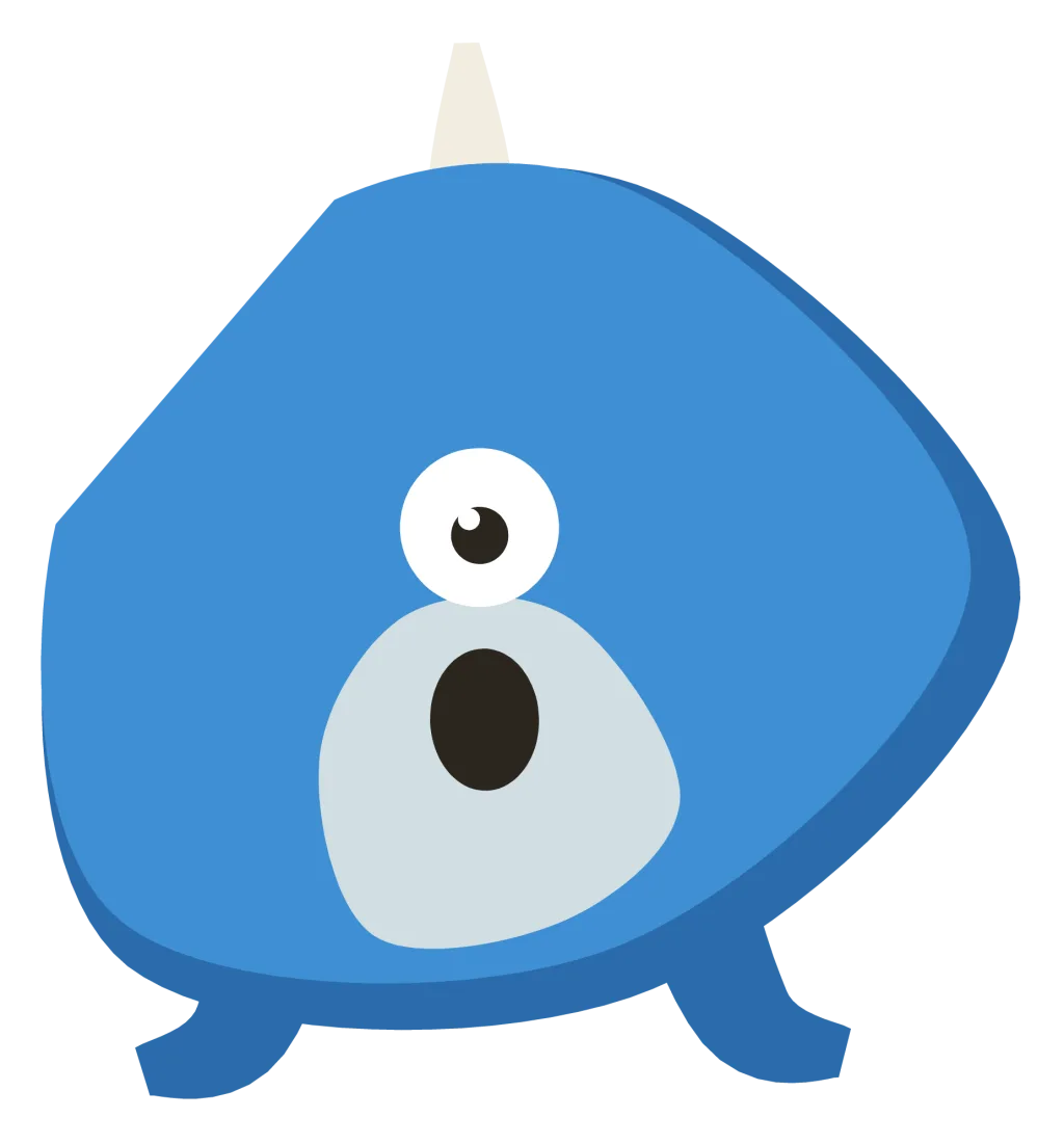 A blue Snip with one wide eye, a single horn and two tentacles curling out where legs would be.