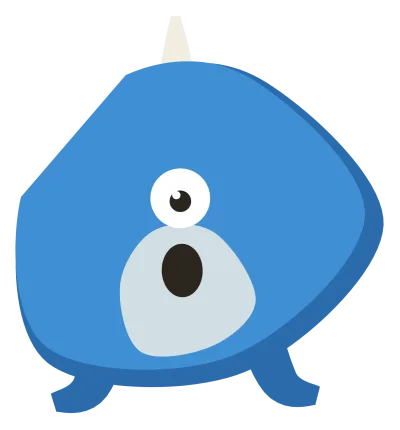 A blue Snip with one wide eye, a single horn and two tentacles curling out where legs would be.