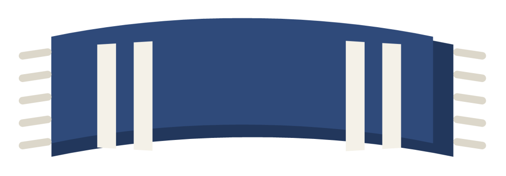 A navy and white striped supporter scarf, held up stretched between two hands.