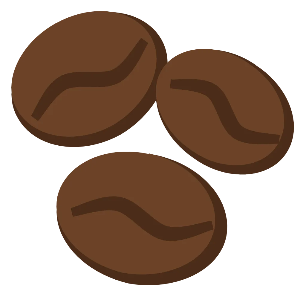 Three roasted coffee beans with a curved crease down the centre of each.