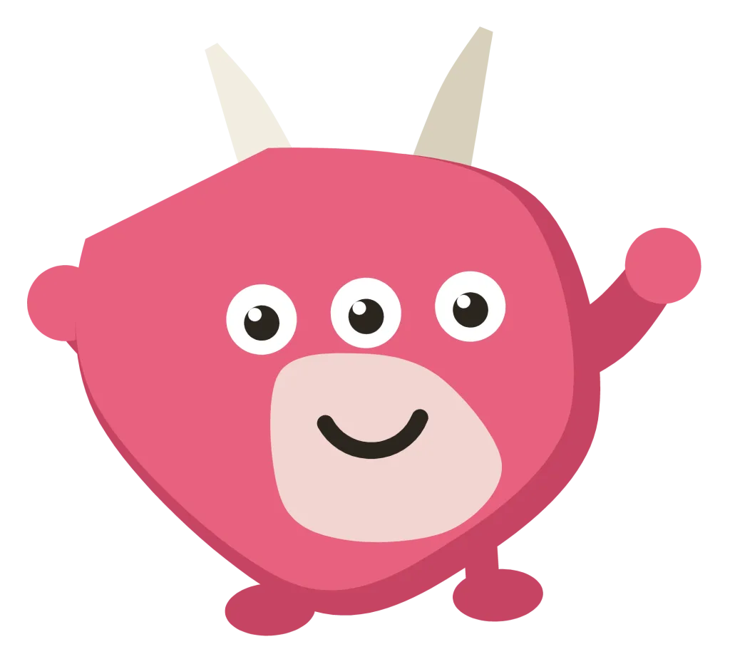 A pink Snip with three eyes in a row, two pale horns and both arms held out to the sides.
