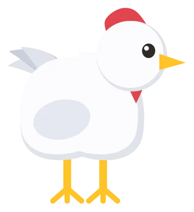 A white hen in side view with a red comb and wattle, an orange beak and layered tail feathers.