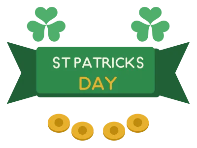 A green ribbon banner reading St Patricks Day with shamrocks and gold coins at each end.
