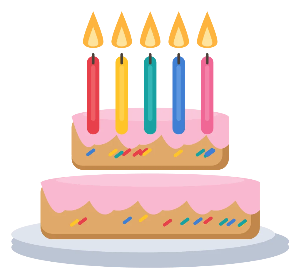 A two-tier birthday cake with pink frosting, sprinkles and five lit candles on a grey plate.