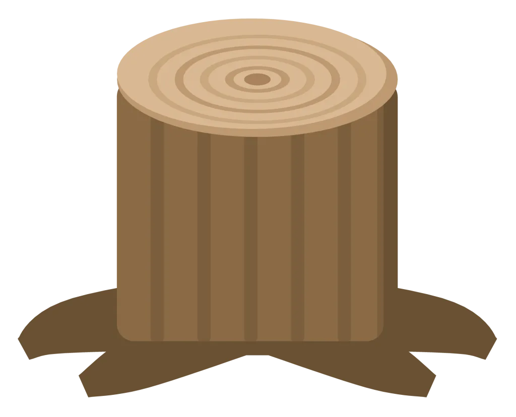 A cut tree stump with growth rings across the top, rough bark and roots spreading at the base.