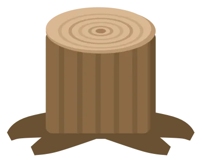 A cut tree stump with growth rings across the top, rough bark and roots spreading at the base.