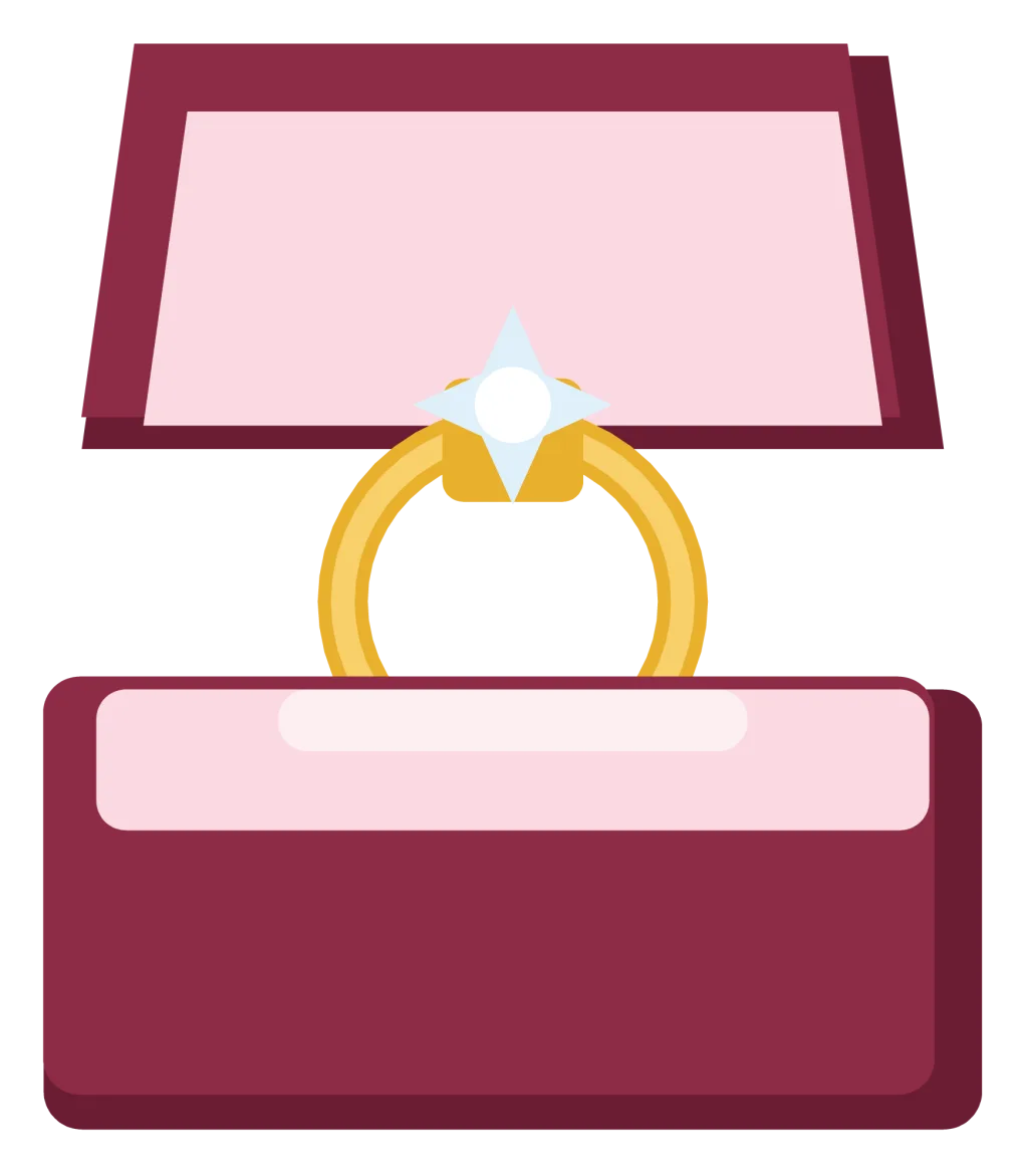 An open velvet ring box with a gold engagement ring standing in the slot.