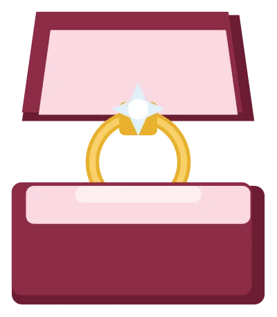An open velvet ring box with a gold engagement ring standing in the slot.