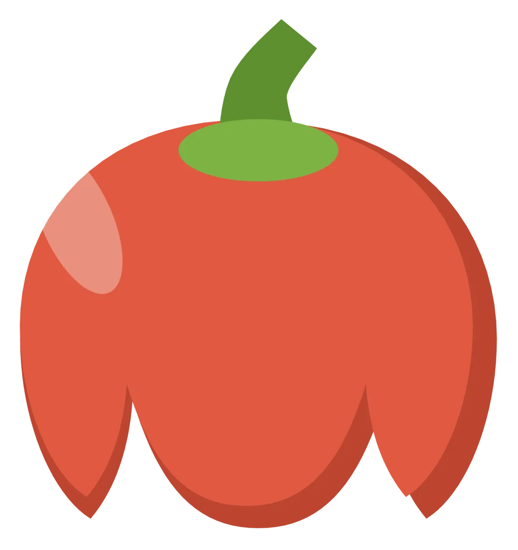 A red bell pepper with three rounded lobes, a green stalk and a shine down one side.