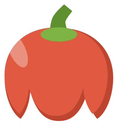 A red bell pepper with three rounded lobes, a green stalk and a shine down one side.
