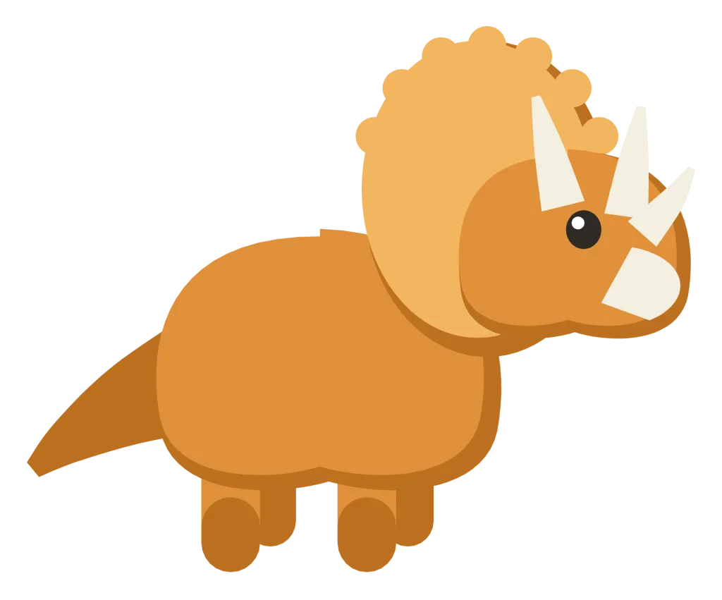 An orange triceratops in side view with three horns, a bony frill and a curved beak.