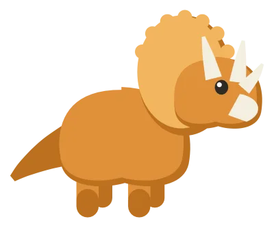 An orange triceratops in side view with three horns, a bony frill and a curved beak.