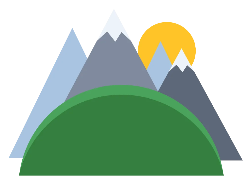 A range of blue-grey mountains with snow caps and a yellow sun behind them.