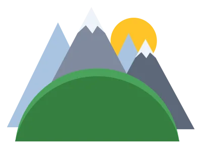 A range of blue-grey mountains with snow caps and a yellow sun behind them.