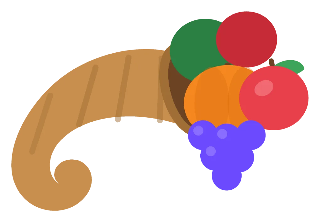 A woven tan cornucopia horn tipped on its side with an apple, pumpkin, grapes and corn spilling from the opening.
