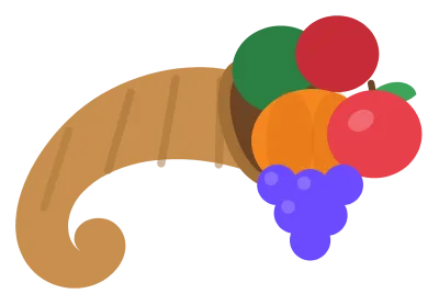 A woven tan cornucopia horn tipped on its side with an apple, pumpkin, grapes and corn spilling from the opening.