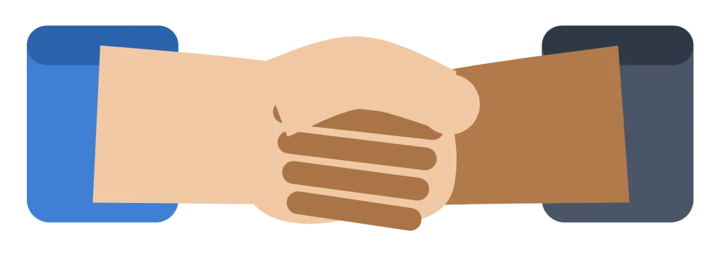 Two hands in shirt cuffs clasped in a handshake, seen from the side.