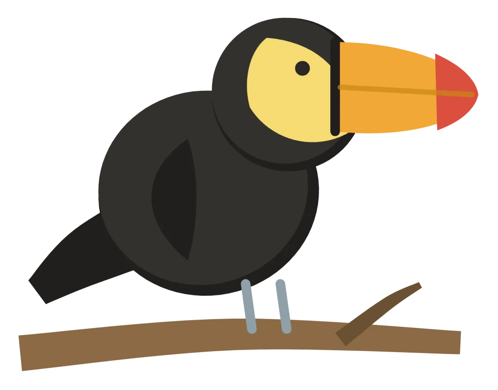 A black toucan perched on a branch, with a yellow bib and an oversized orange and yellow beak.