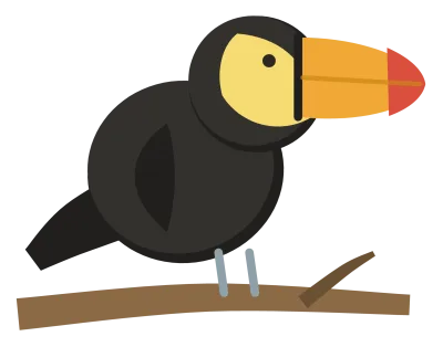 A black toucan perched on a branch, with a yellow bib and an oversized orange and yellow beak.