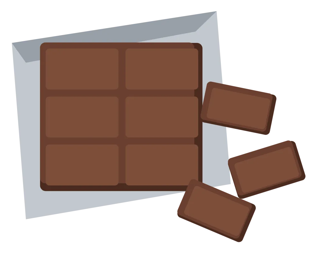 A chocolate bar with three squares broken off, half unwrapped from silver foil.
