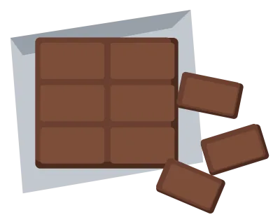 A chocolate bar with three squares broken off, half unwrapped from silver foil.