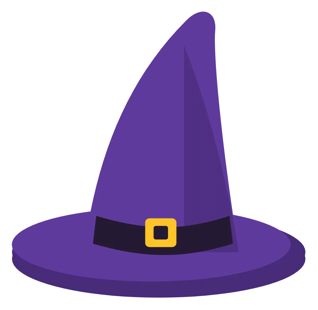A pointed purple witch hat with a bent tip, a wide brim and a black band with a gold buckle.