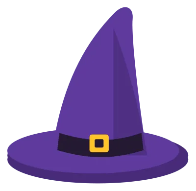 A pointed purple witch hat with a bent tip, a wide brim and a black band with a gold buckle.
