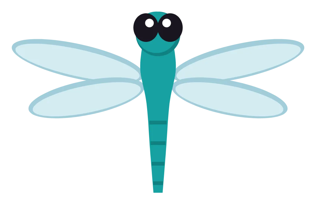 A teal dragonfly seen from above with four long translucent wings and a segmented body.