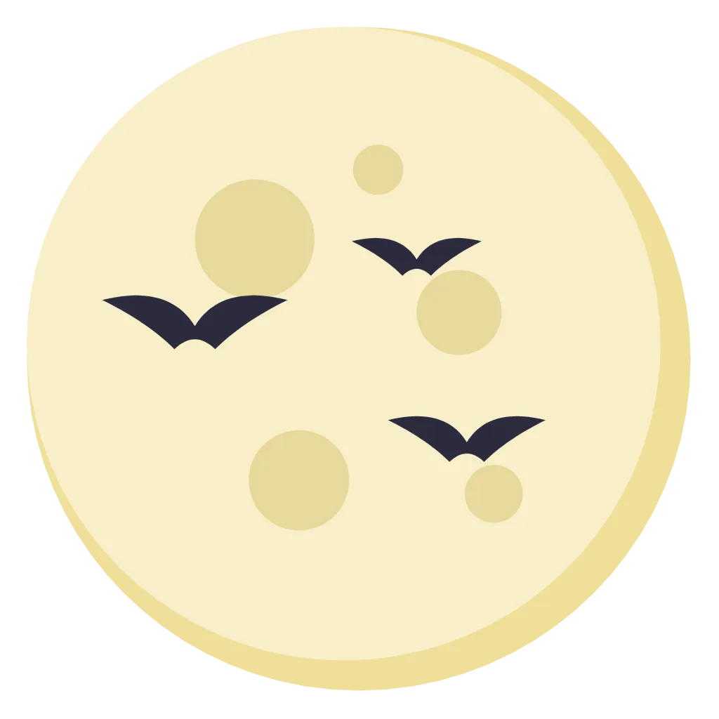 A pale yellow full moon with soft craters, crossed by three small black bat silhouettes.