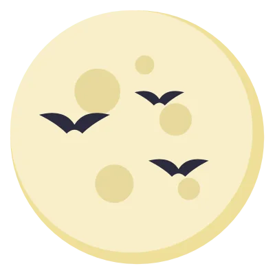 A pale yellow full moon with soft craters, crossed by three small black bat silhouettes.
