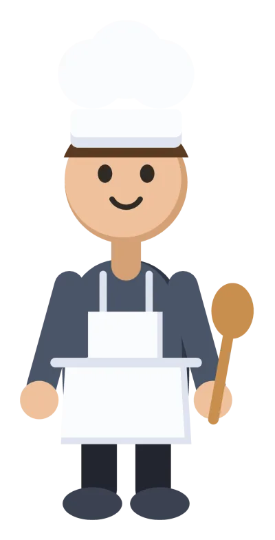 A chef in a white hat and apron standing with a wooden spoon.