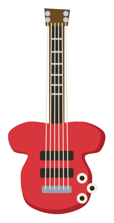 A red electric guitar with two cutaway horns, twin pickups, control knobs and a long fretted neck.