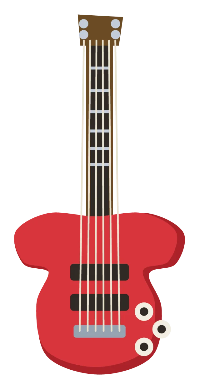 A red electric guitar with two cutaway horns, twin pickups, control knobs and a long fretted neck.