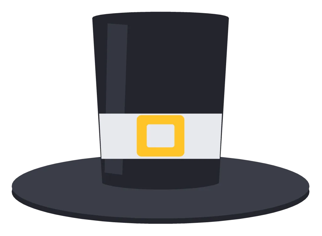 A tall black pilgrim hat with a wide brim, a pale grey band and a gold square buckle.
