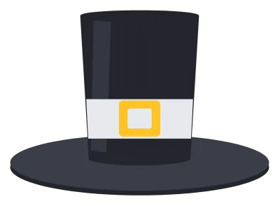 A tall black pilgrim hat with a wide brim, a pale grey band and a gold square buckle.