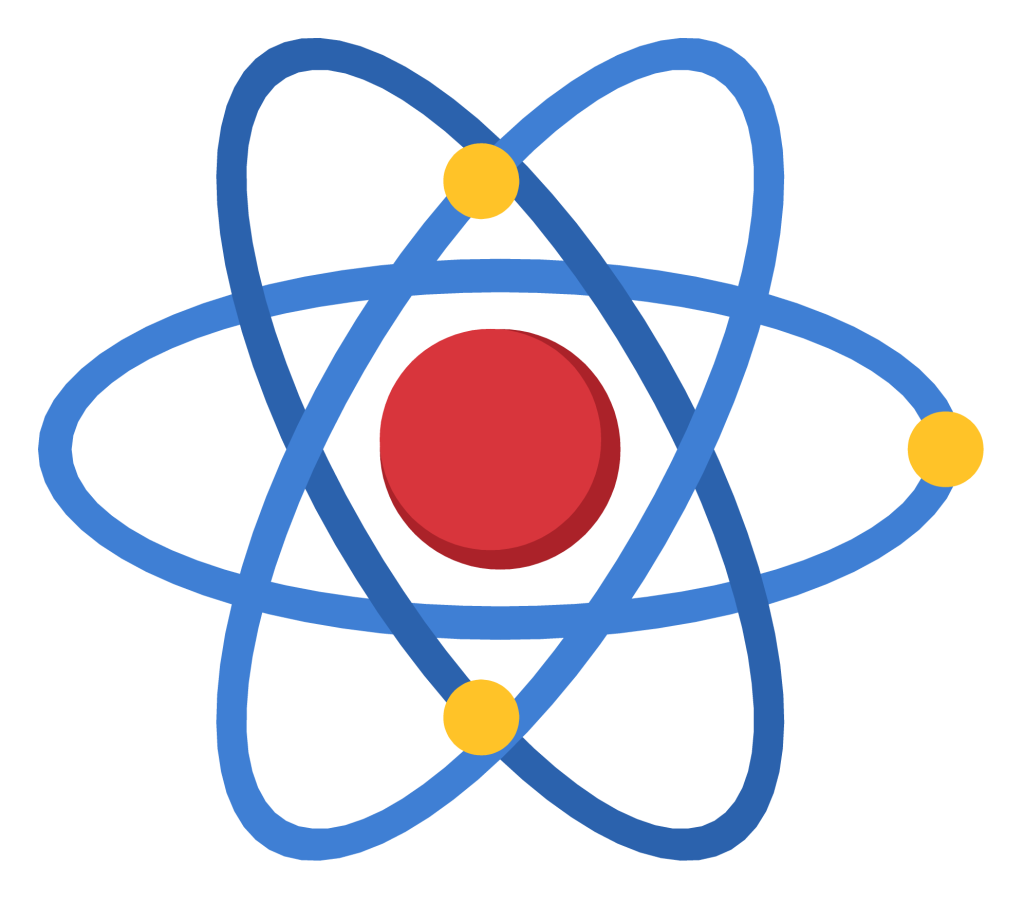 An atom symbol with a nucleus at the centre and three electron orbits crossing around it.