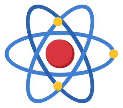 An atom symbol with a nucleus at the centre and three electron orbits crossing around it.