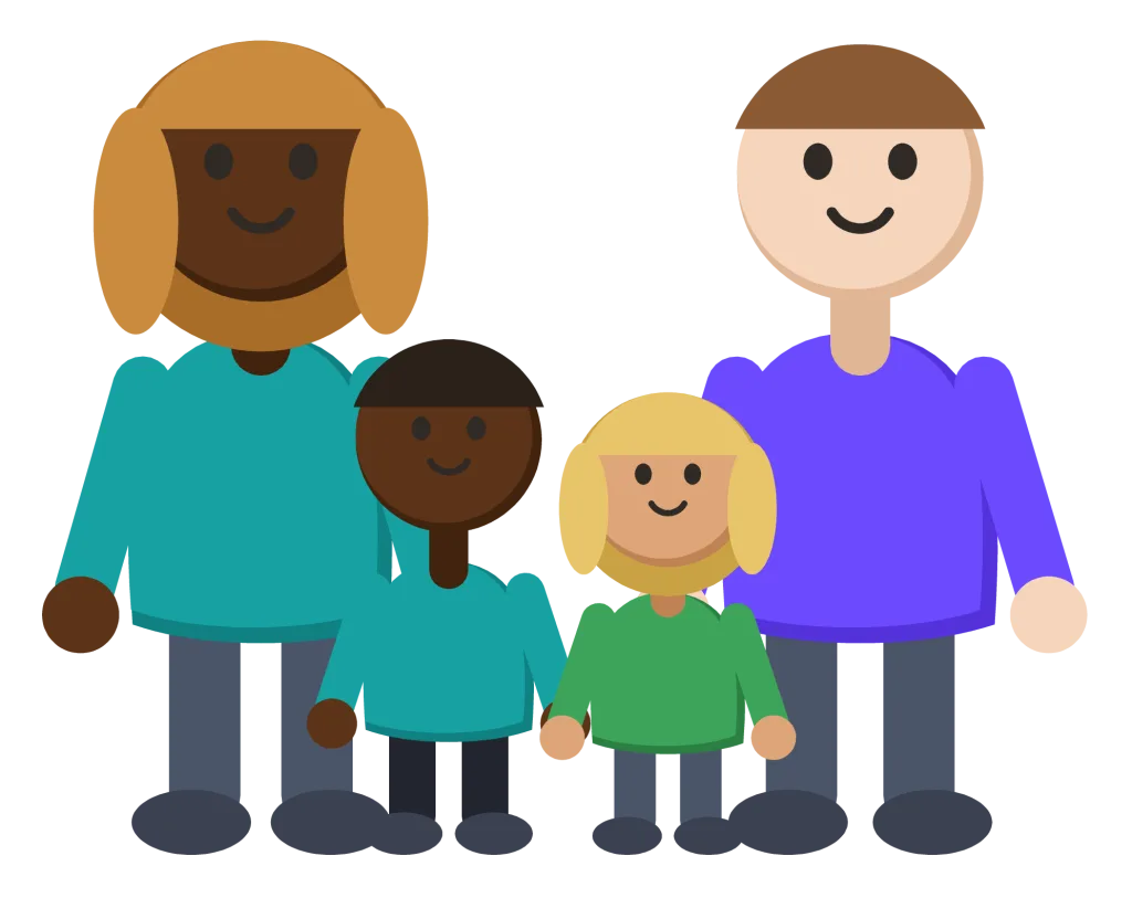 A family of four standing together: two adults and two children of different heights.