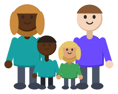 A family of four standing together: two adults and two children of different heights.