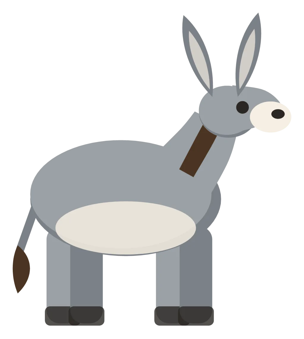 A grey donkey standing in profile, with very long ears, a pale muzzle and short legs.