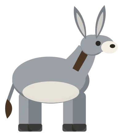 A grey donkey standing in profile, with very long ears, a pale muzzle and short legs.