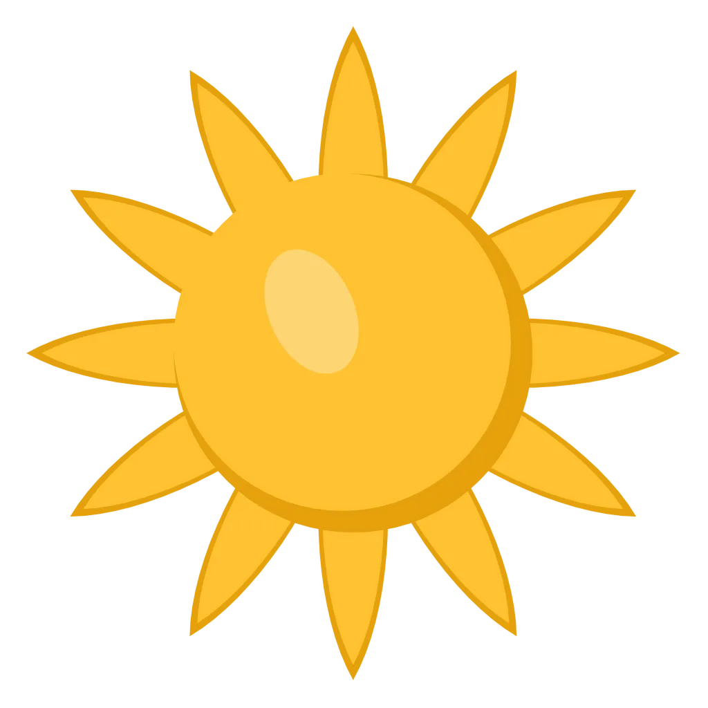 A bright yellow sun with eight tapered rays around a round face.